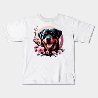 Rottweiler Enjoys Spring Amid Cherry Blossoms Kids T-Shirt